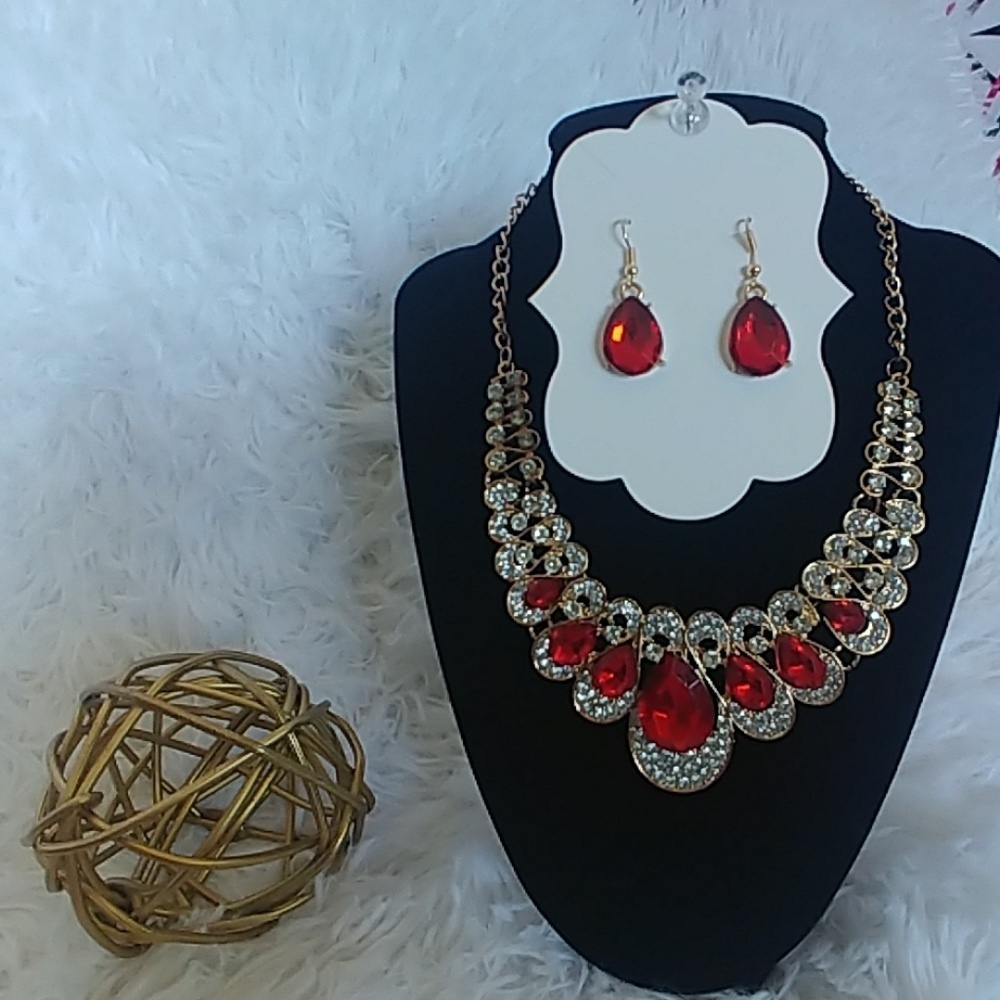 Statement Red and Clear Crystal Bib Necklace Set